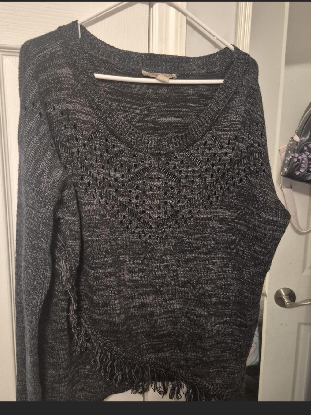 Nine West Charcoal Gray Openwork Fringe Sweater